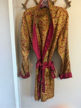 St Michael Vintage Tricel Paisley Dressing Gown Robe Burgundy Gold L